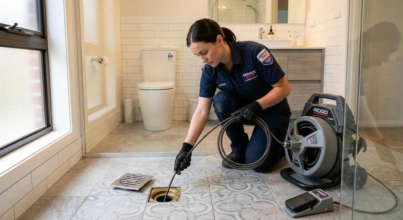 Technician clearing a bathroom floor drain for Hydro Jetting in Providence Village